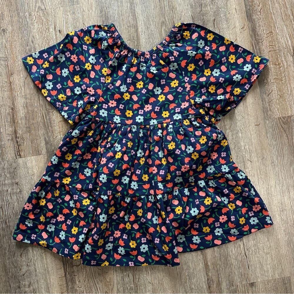 Hanna Andersson Girls Dress Size 120 (6-7) Blue Floral Short Sleeve Cotton Twirl